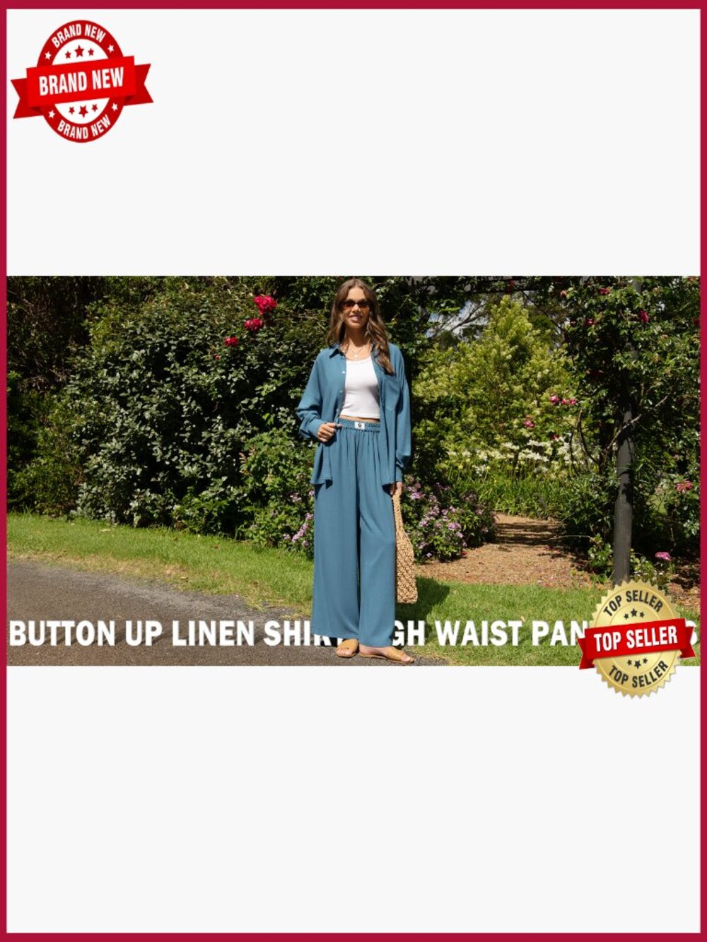 Linen 2 Piece Lounge Set Button Down Shirt Wide Leg Pants Vacation Outfit - Picture 7 of 7